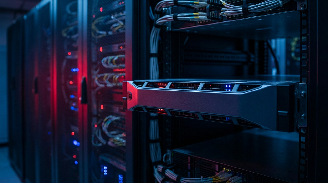 Urządzenie firewall nowej generacji w szafie rack w czerwono-niebieskim oświetleniu serwerowni