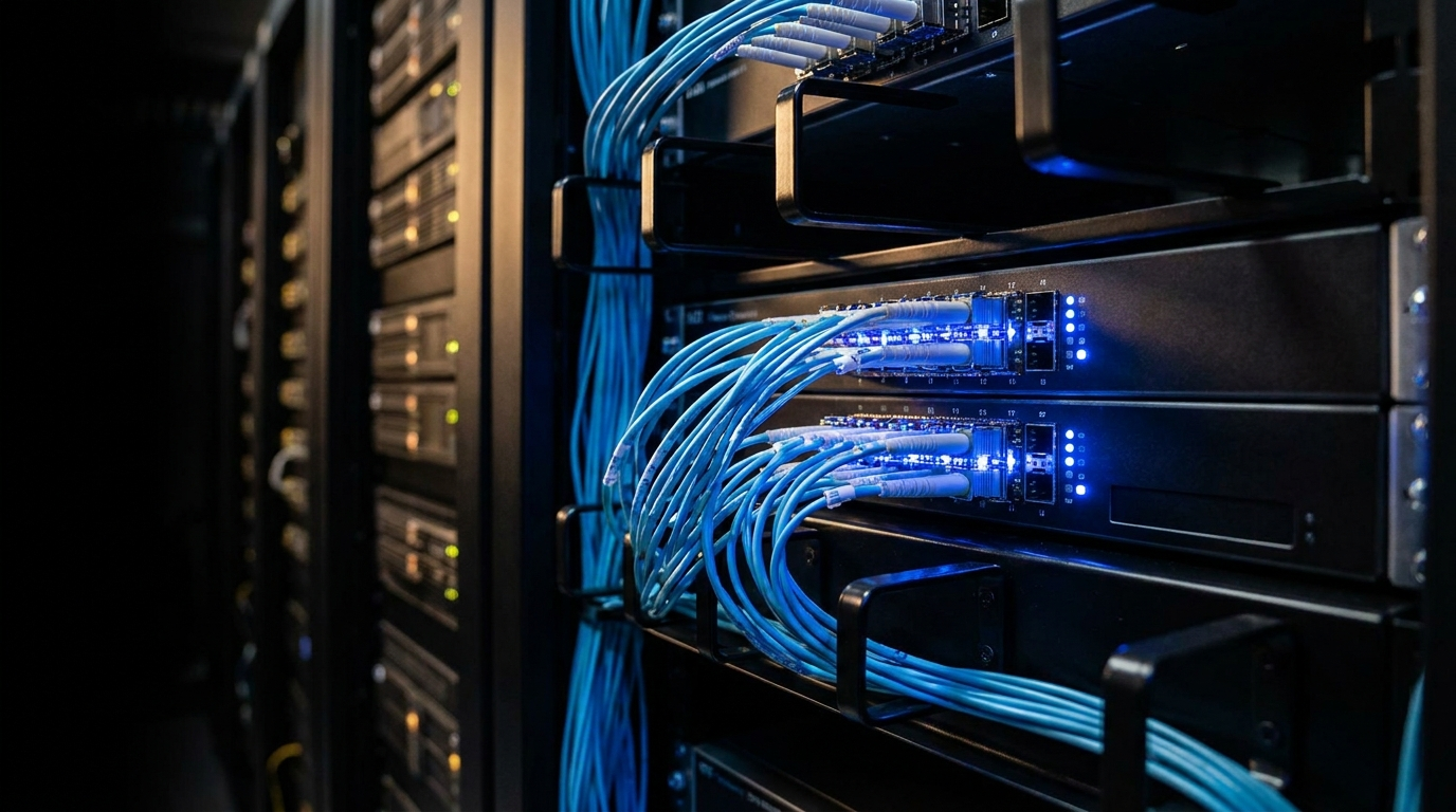 Przełącznik Fibre Channel SAN z podświetlonymi kablami światłowodowymi w ciemnej serwerowni